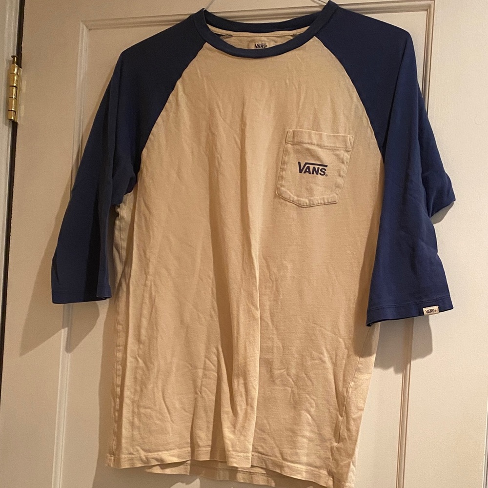 Vans Men's Medium Baseball Short Sleeve Blue & Cream Tee 20"W x 27"L
